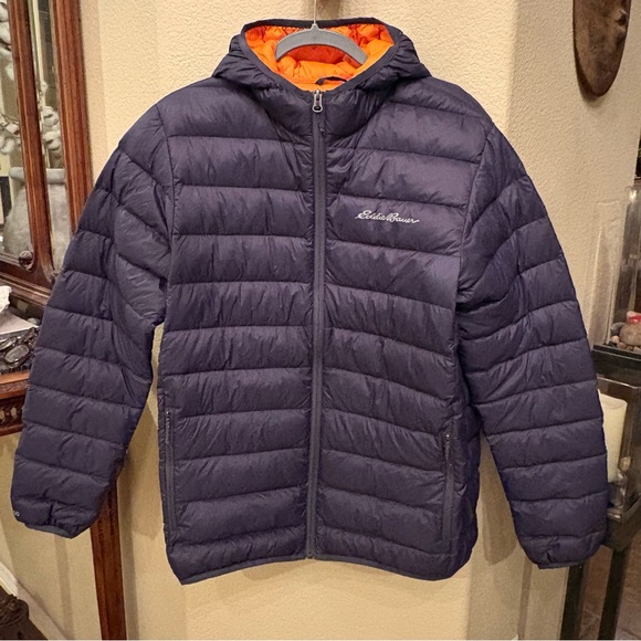 Eddie Bauer Other - Eddie Bauer Navy Orange CirrusLite Down Puffer Hooded Zip Jacket Size Medium